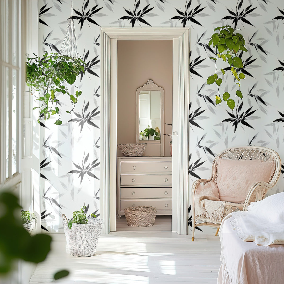 Bamboo Sprigs large scale wallpaper in a styled room