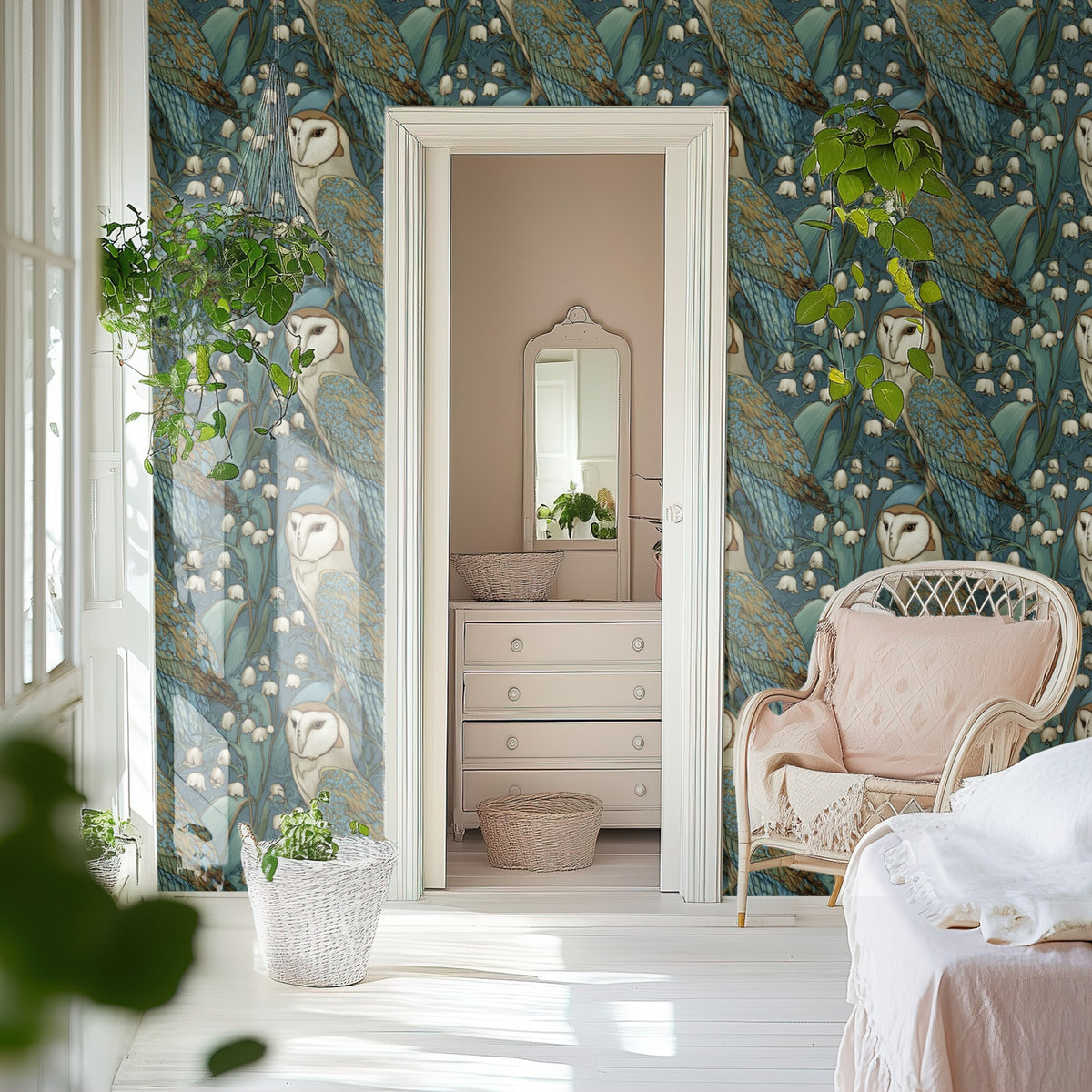 Barn Owls large scale wallpaper in a styled room
