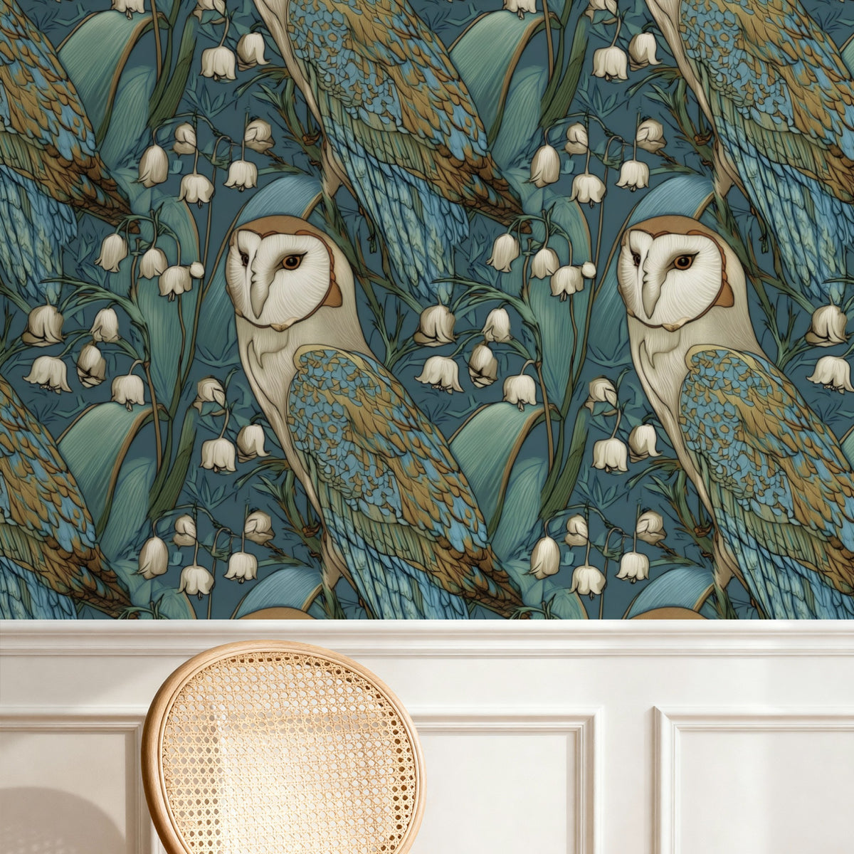 Barn Owls large scale wallpaper in a styled room