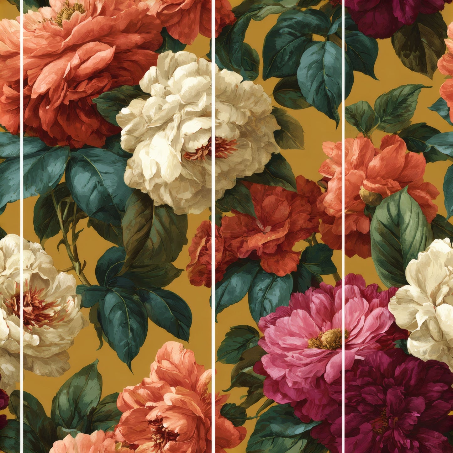 Crimson and cream camellia flowers tossed on a mustard ground with fine white pinstripes.