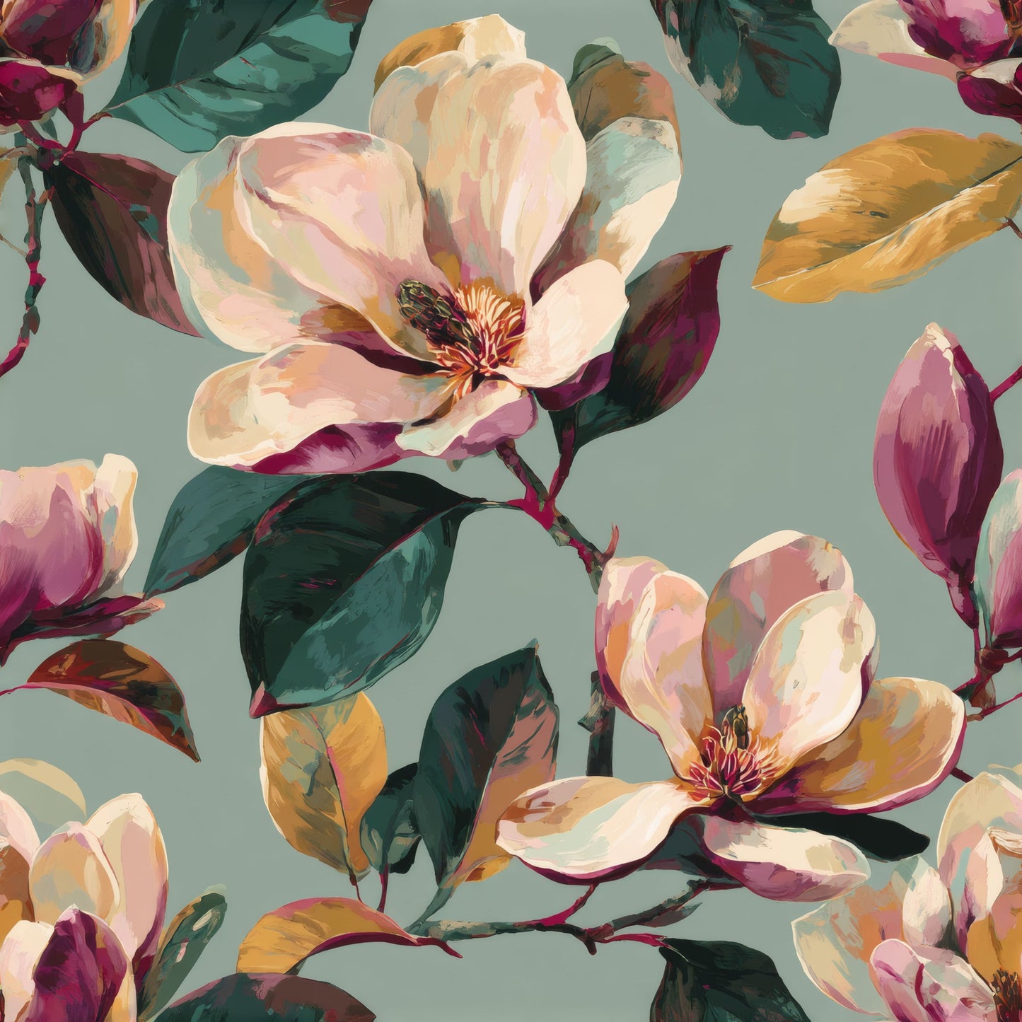Large cream and blush painted magnolias with plum and teal leaves on a sage-teal ground.