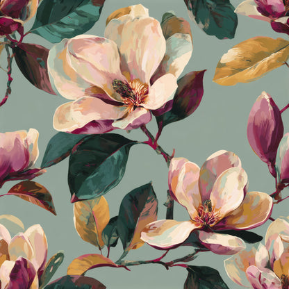 Large cream and blush painted magnolias with plum and teal leaves on a sage-teal ground.