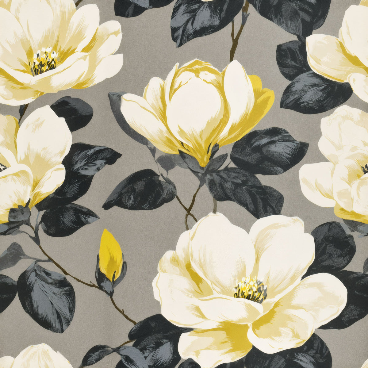 Oversized cream and yellow magnolias with charcoal-grey leaves on a stone grey ground.