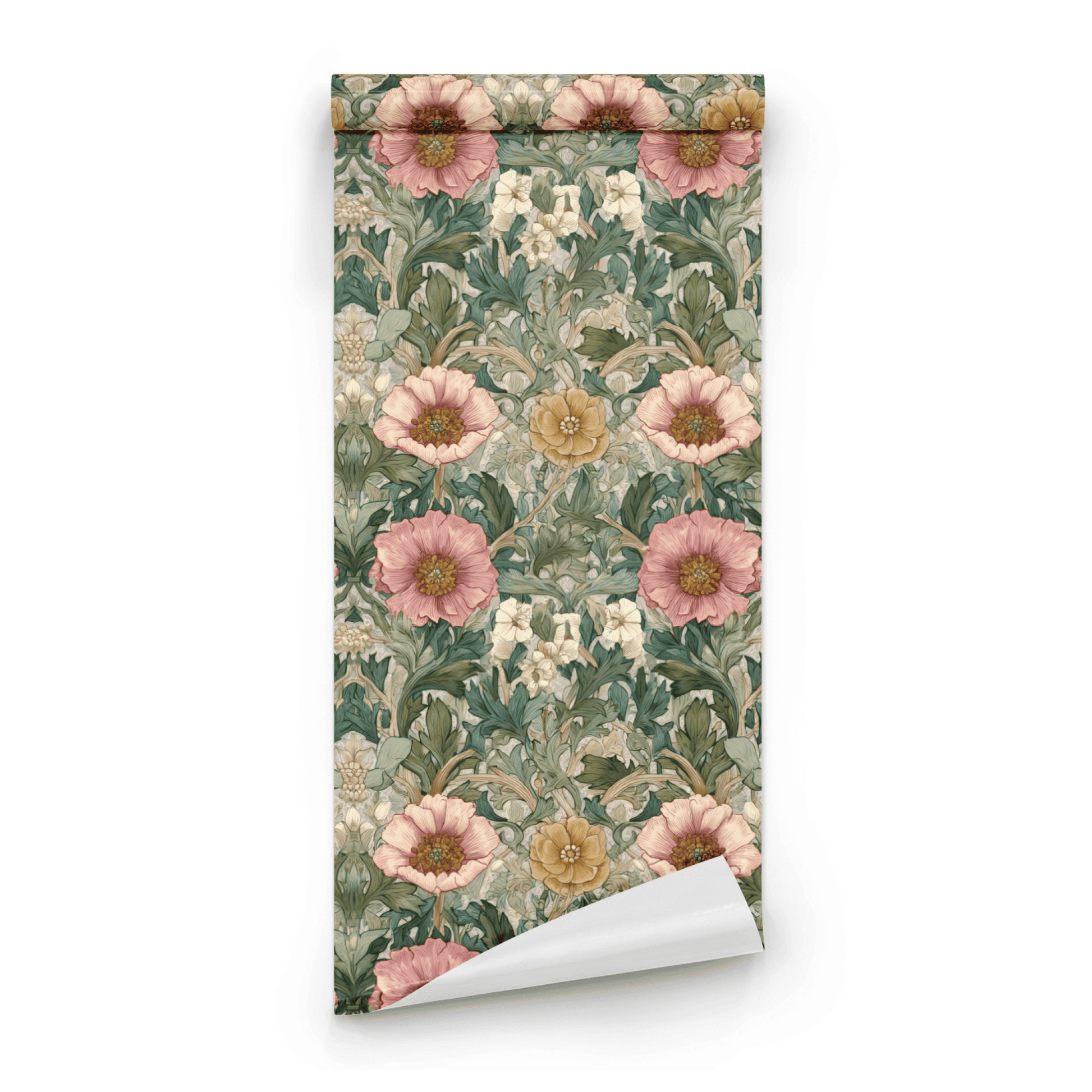 Green Floral Wallpaper roll preview showing the rosy garden drawing in close green Victorian Arts and Crafts detail