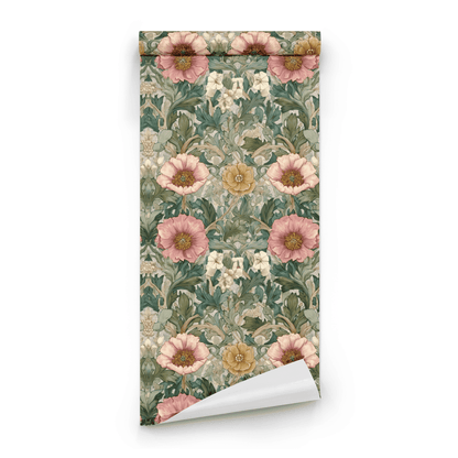 Green Floral Wallpaper roll preview showing the rosy garden drawing in close green Victorian Arts and Crafts detail