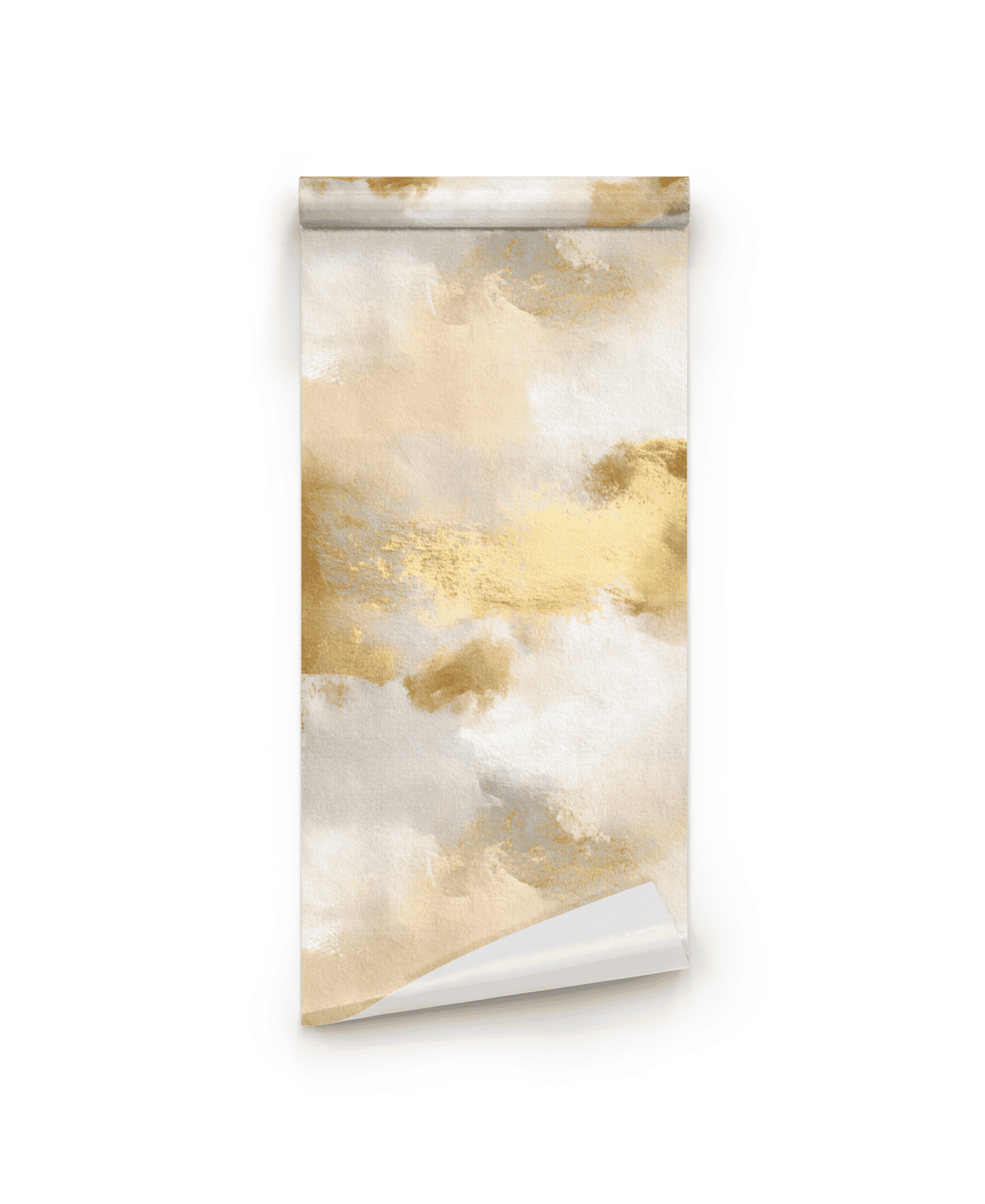 Golden Haze Wallpaper: A rolled sheet with an abstract beige, white, and gold cloud-like pattern on a white background, perfect for creating an ethereal ambiance with soft neutral hues.