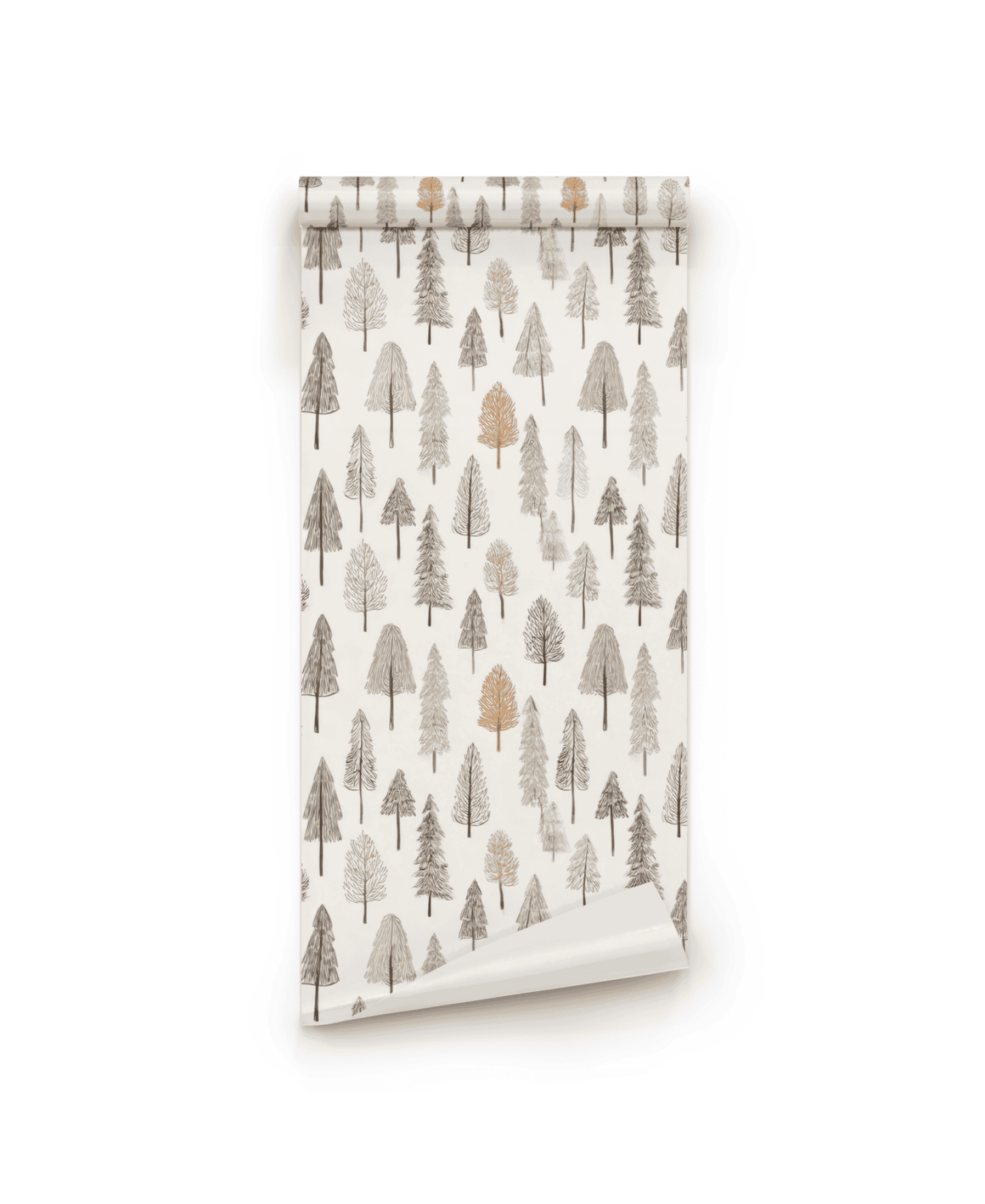 Whispering Pines Wallpaper features a repeating pattern of hand-drawn tree illustrations in muted earth tones on a white background—ideal for bringing woodland charm to your space.