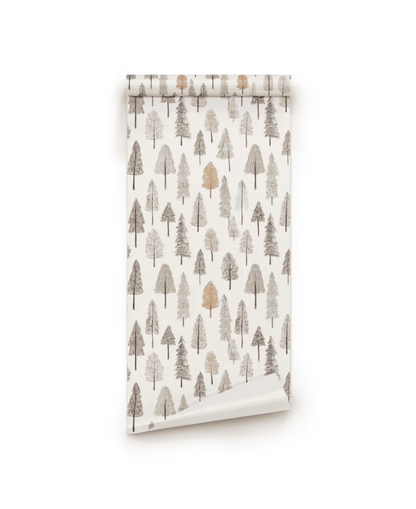 Whispering Pines Wallpaper features a repeating pattern of hand-drawn tree illustrations in muted earth tones on a white background—ideal for bringing woodland charm to your space.