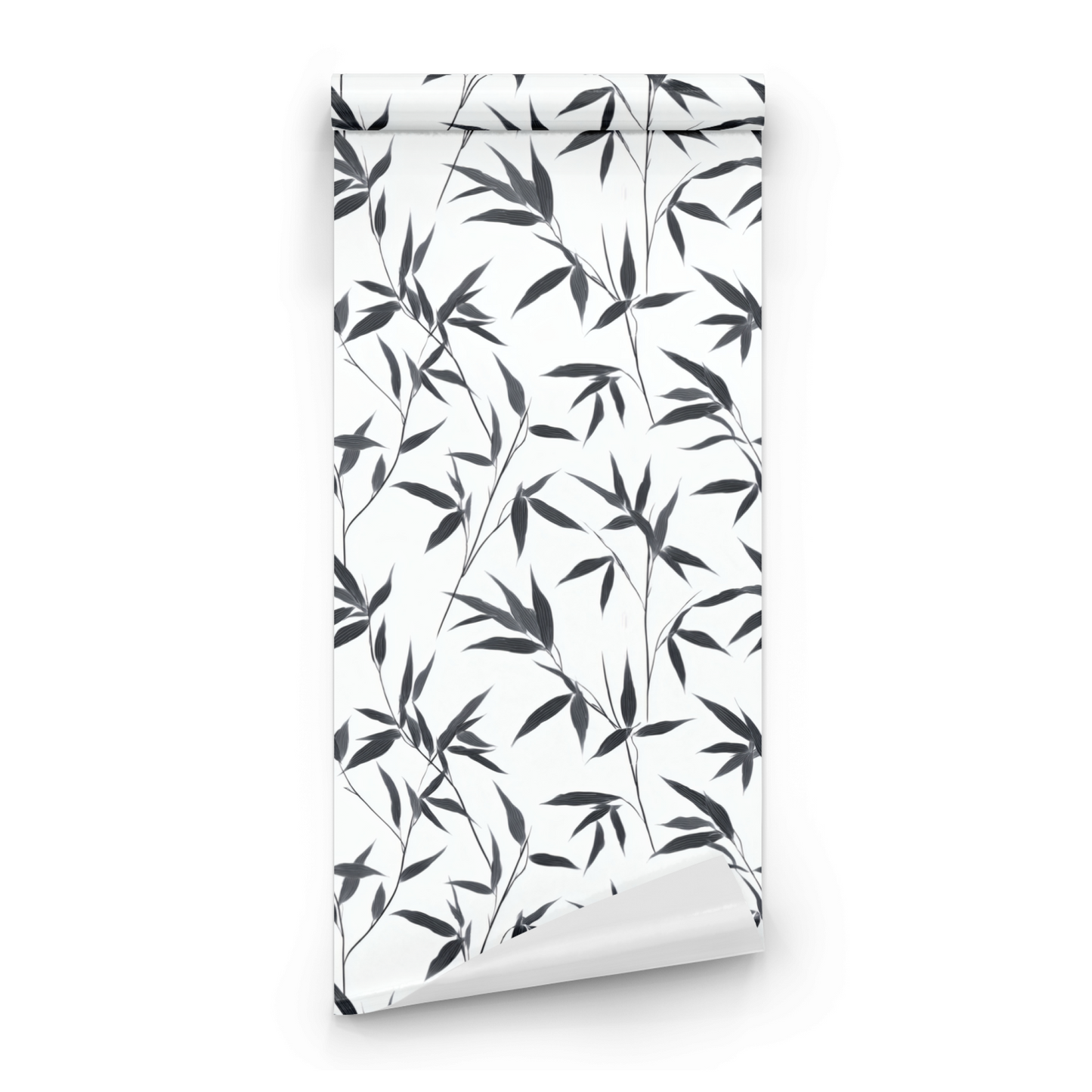 White Botanical Wallpaper roll preview showing the foliage drawing and the white-on-ebony monochrome detail in close line work