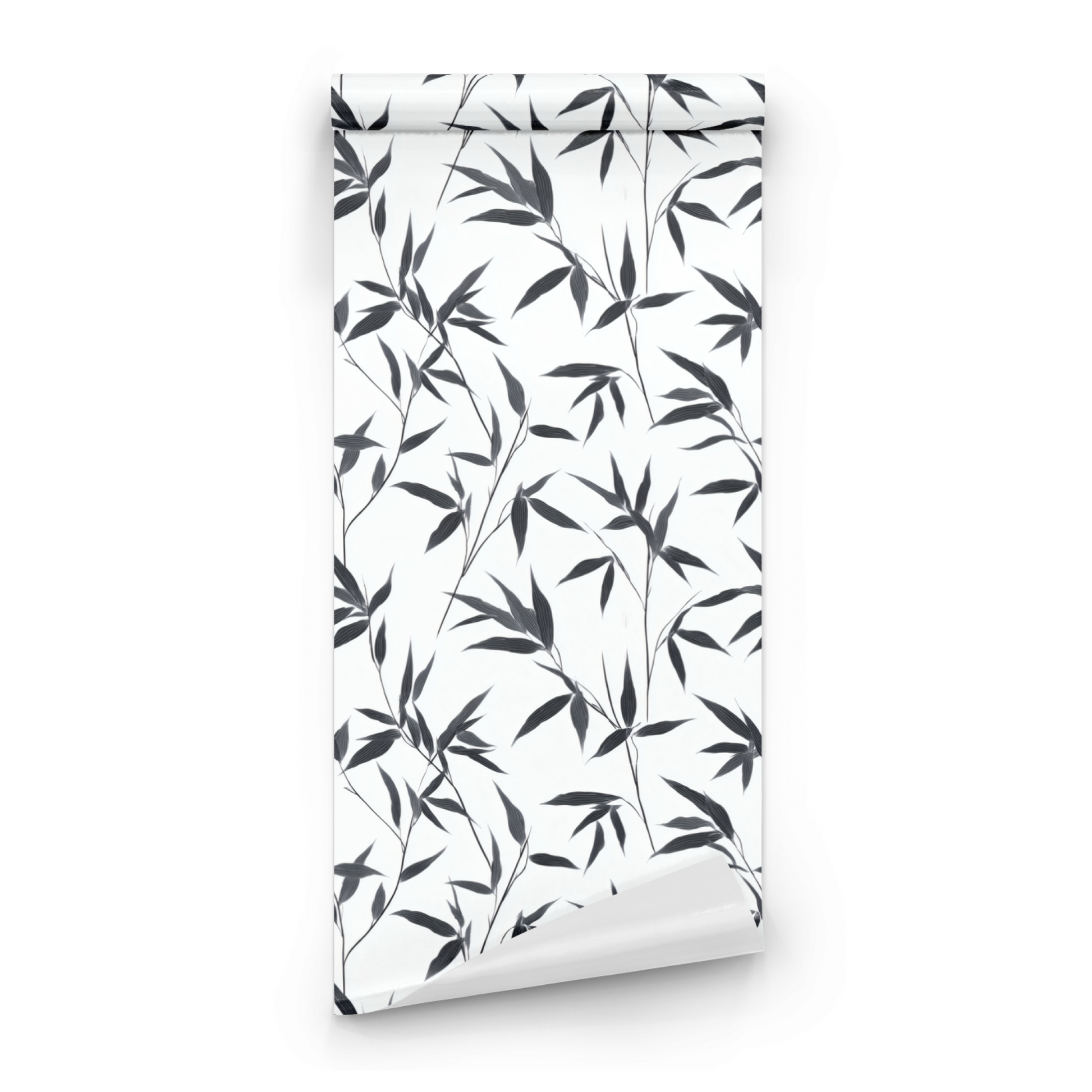 White Botanical Wallpaper roll preview showing the foliage drawing and the white-on-ebony monochrome detail in close line work