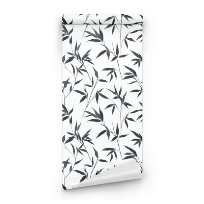 White Botanical Wallpaper roll preview showing the foliage drawing and the white-on-ebony monochrome detail in close line work