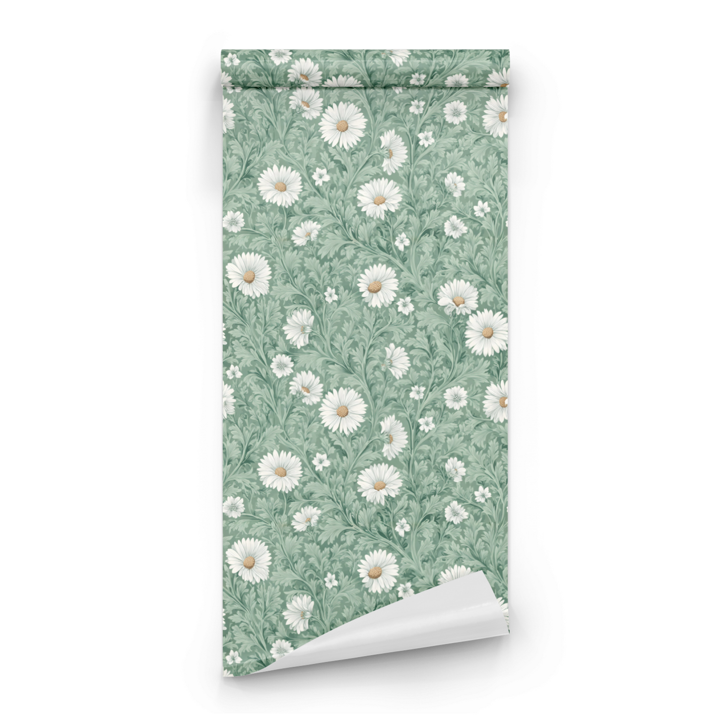 Green Floral Wallpaper roll close-up showing the vintage botanical drawing in close sage green Arts and Crafts detail