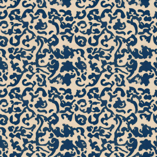 Swirling indigo pattern on a cream background, creating a dynamic and lively design.