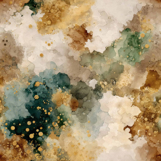 Abstract wallpaper with green, brown, and gold splatters creating an organic, dreamy pattern.