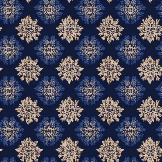Indigo wallpaper with intricate beige floral medallions creating a classic and elegant design.