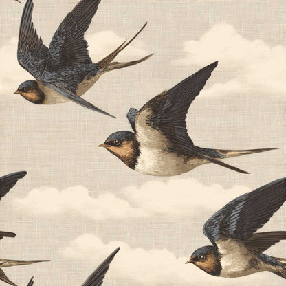 Wallpaper with swallows in flight against a cloudy sky on a textured background.