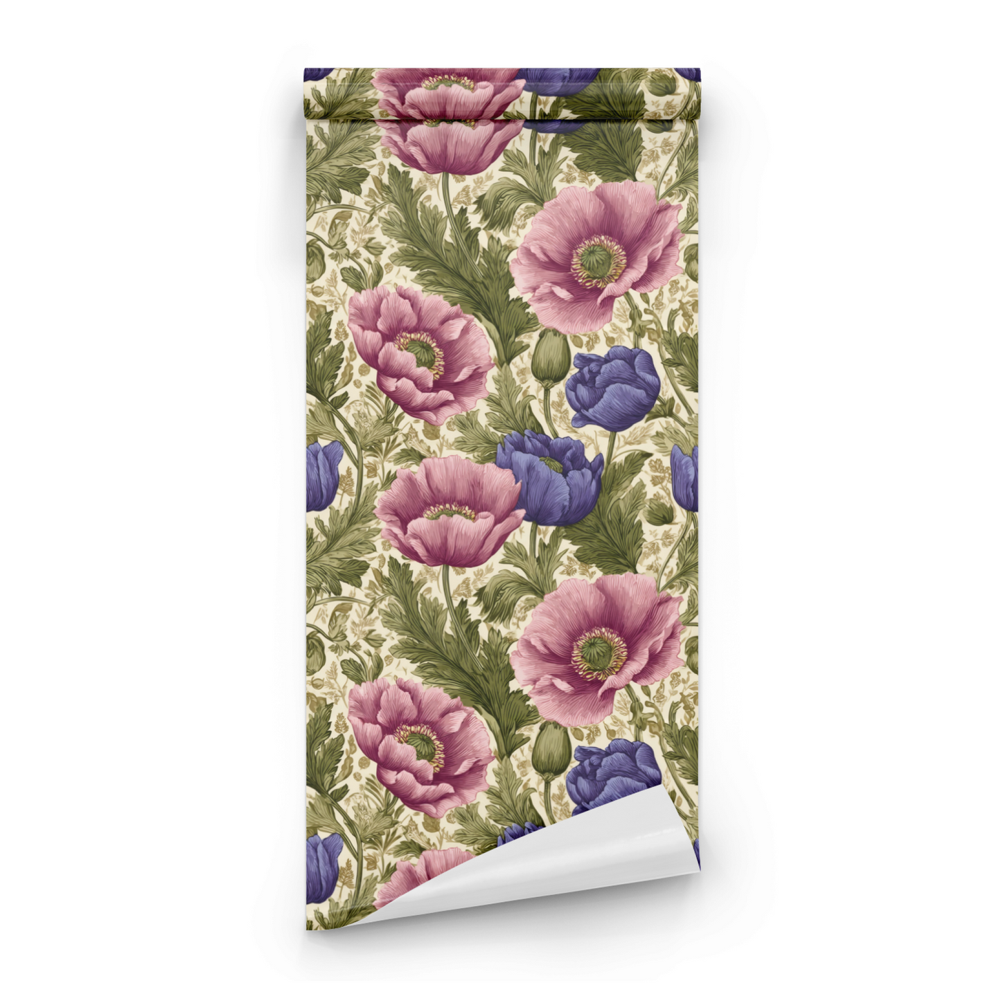 Cream Floral Wallpaper roll preview showing the poppy drawing in close cream Arts and Crafts dreamscape detail
