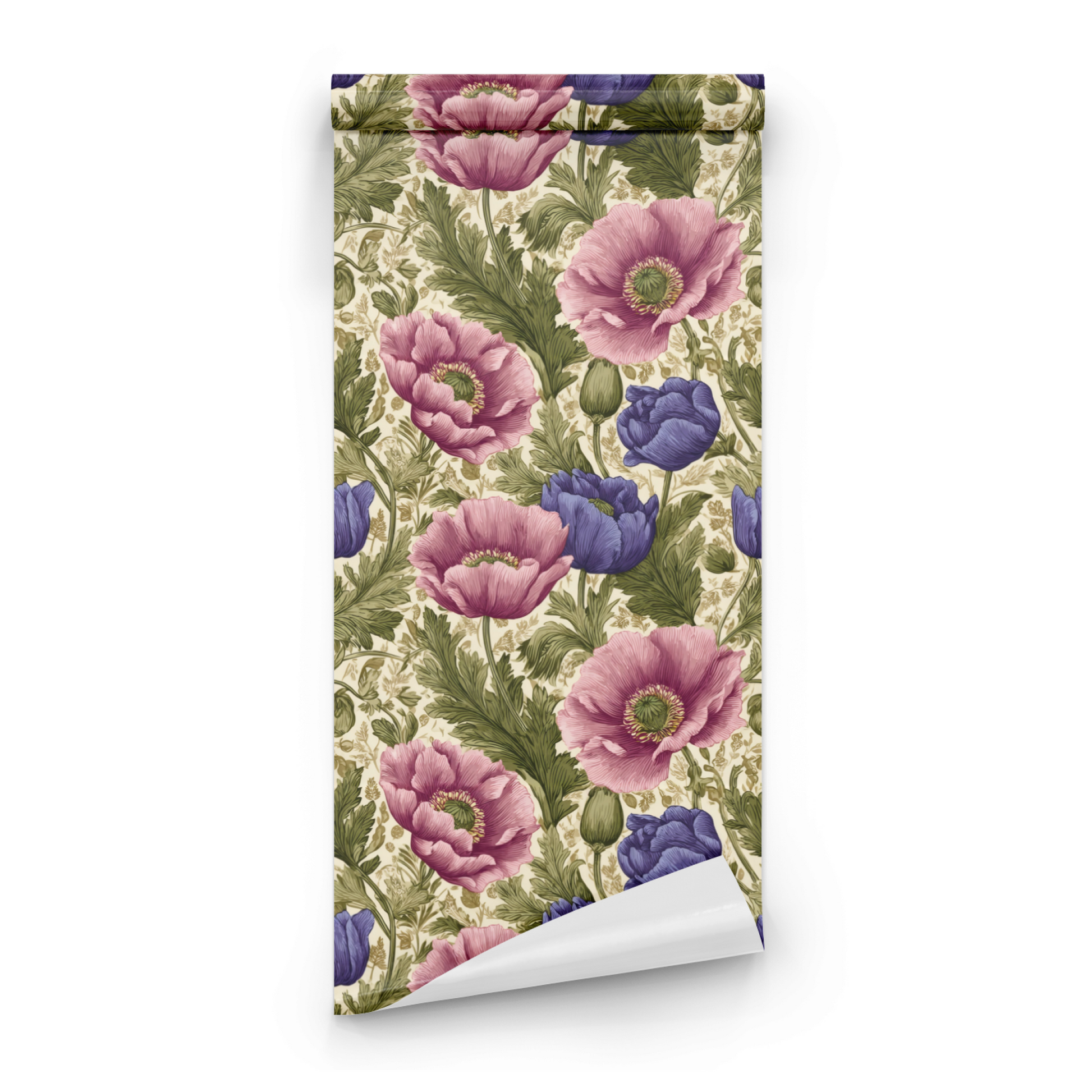 Cream Floral Wallpaper roll preview showing the poppy drawing in close cream Arts and Crafts dreamscape detail