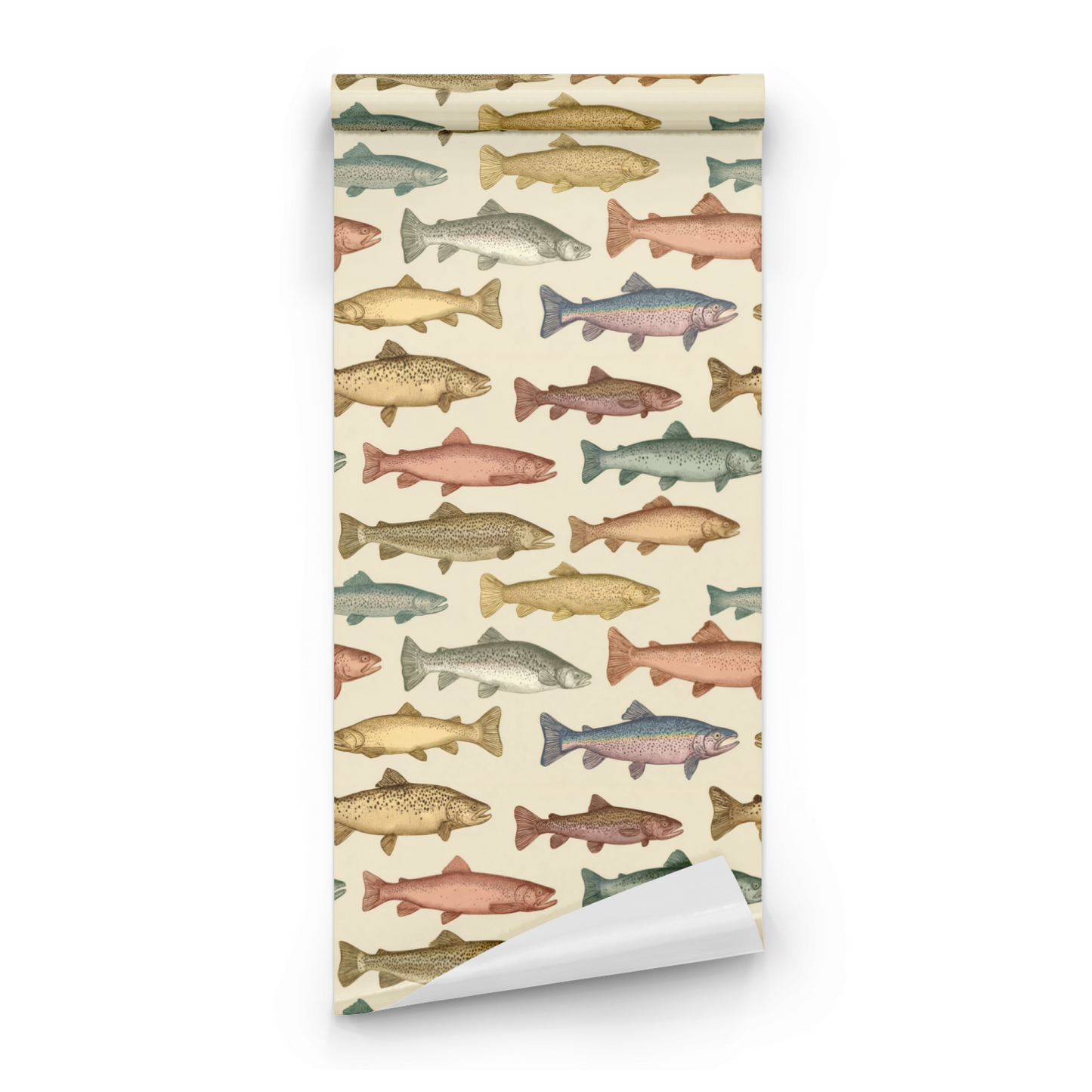 Colorful Fish Pattern Wallpaper roll close-up showing the trout illustration in close colorful aquatic detail