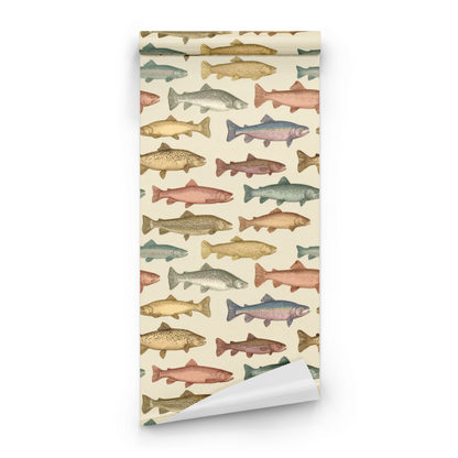 Colorful Fish Pattern Wallpaper roll close-up showing the trout illustration in close colorful aquatic detail
