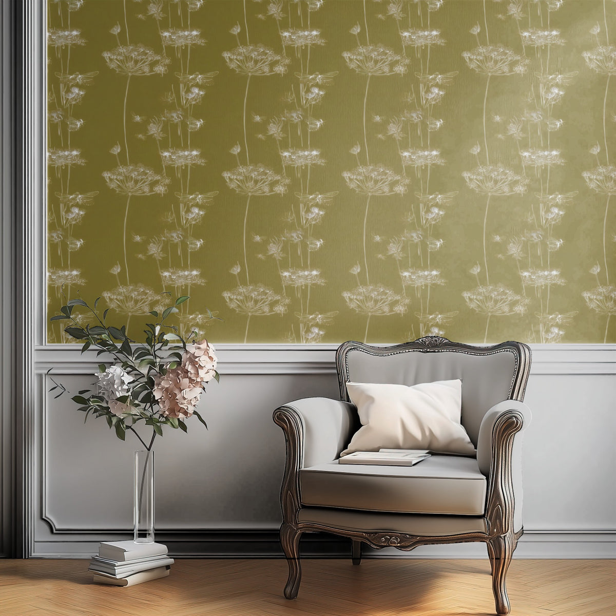 Bee Meadow large scale wallpaper in a styled room