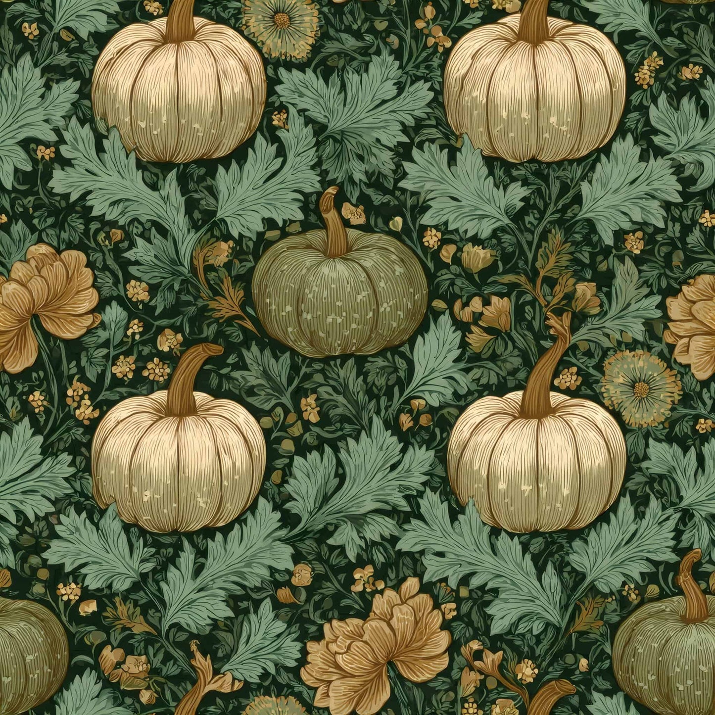 Wallpaper with pumpkins and green foliage, featuring orange and green hues.
