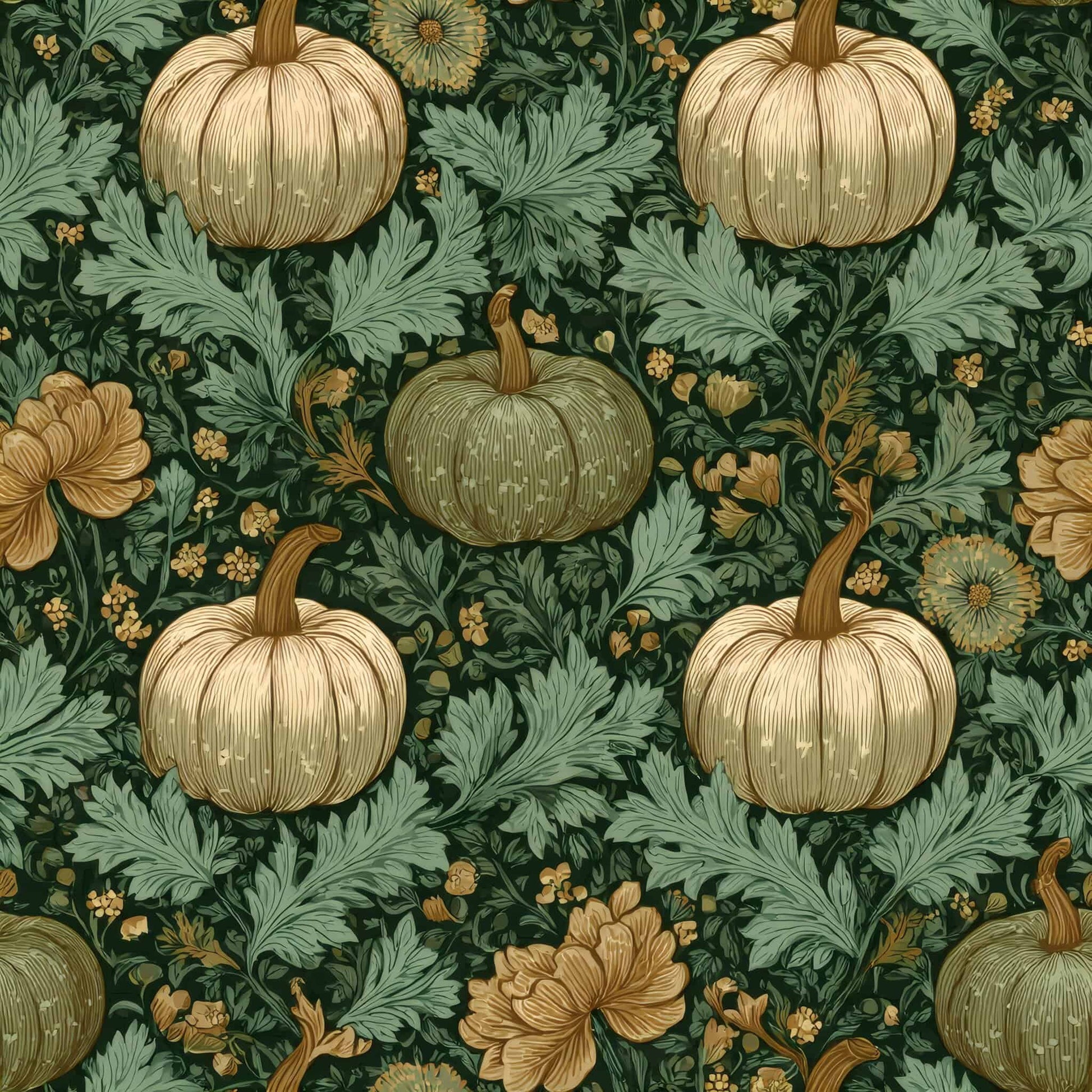 Wallpaper with pumpkins and green foliage, featuring orange and green hues.