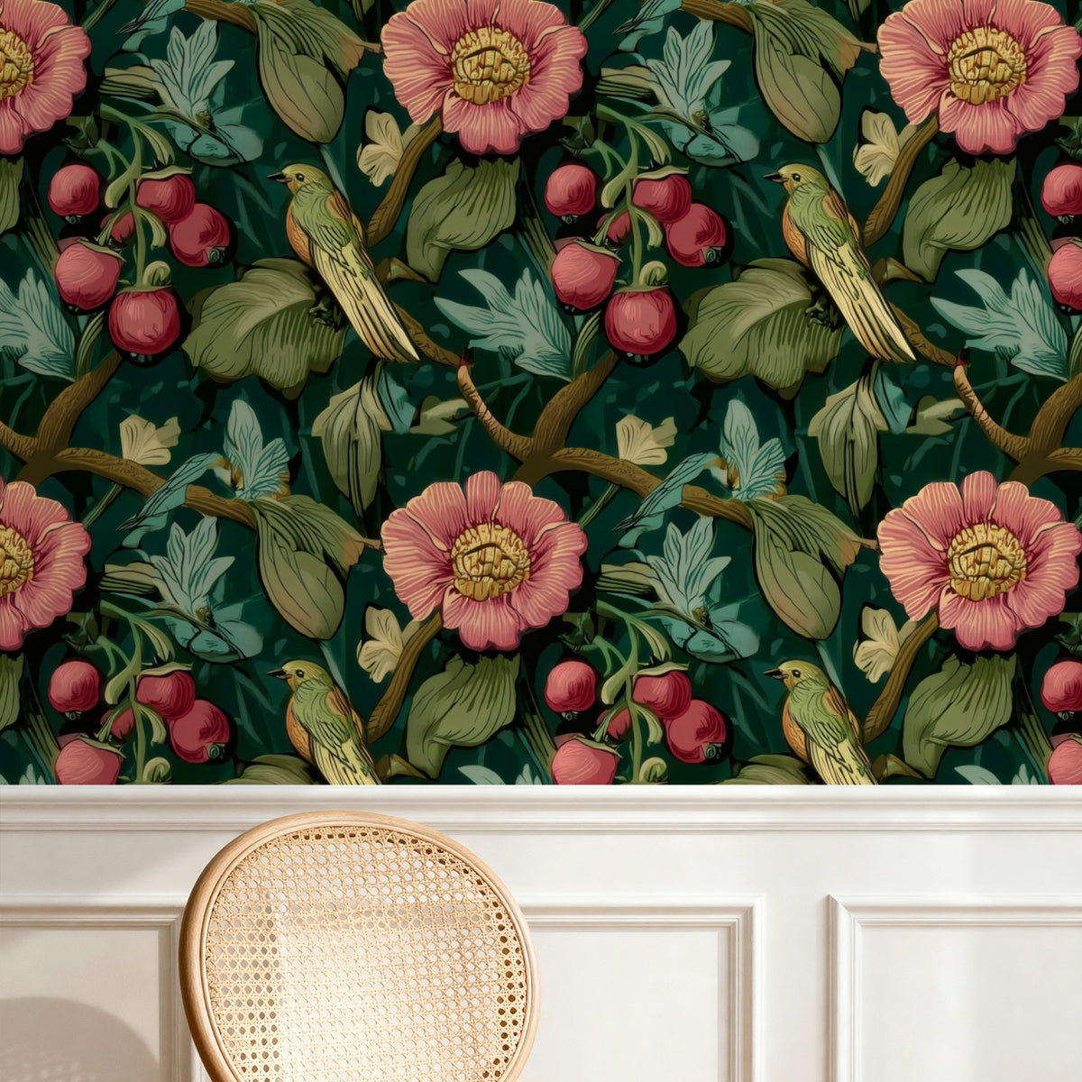 Berry Songbird large scale wallpaper in a styled room