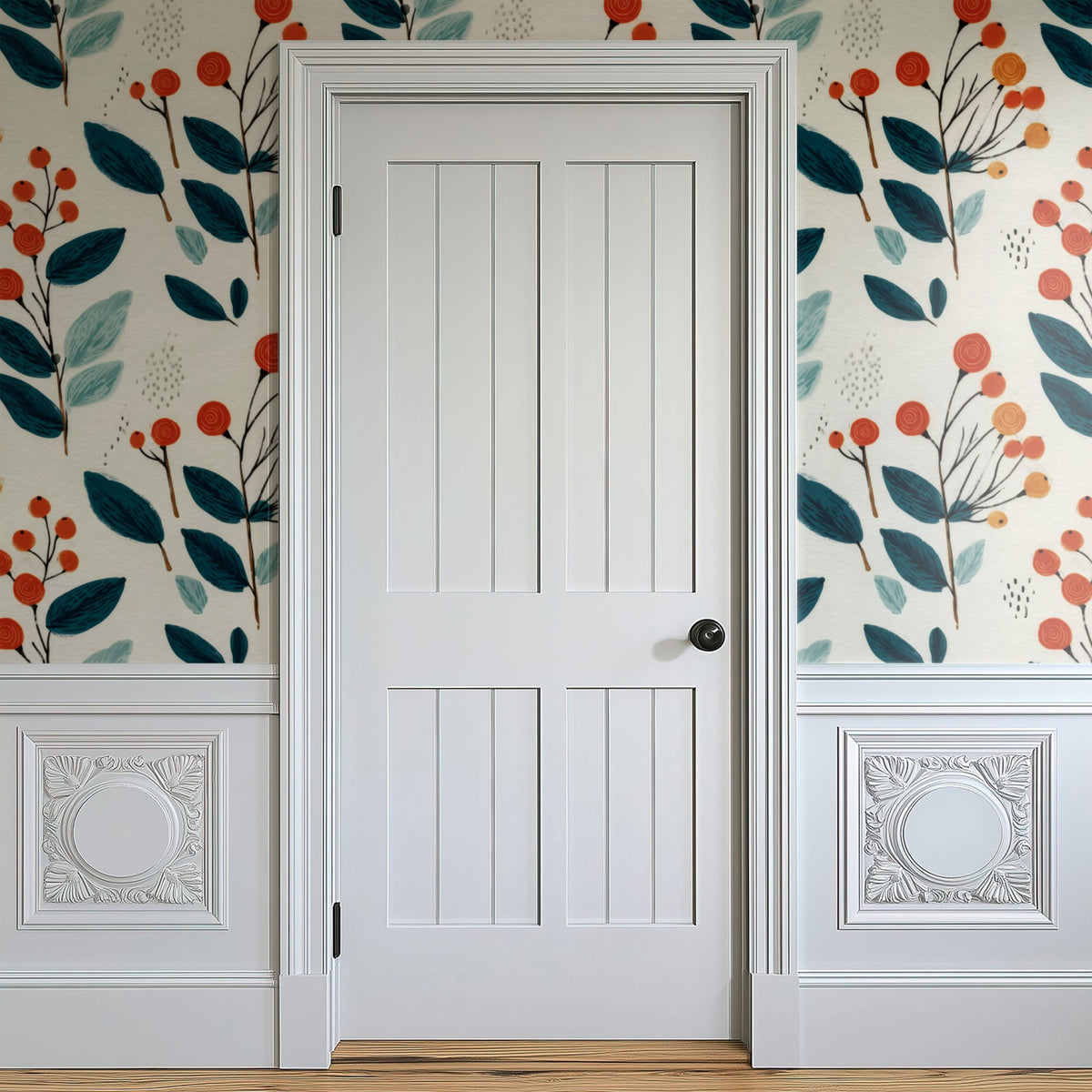 Berry Sprig mural on a hallway wall beside a white door