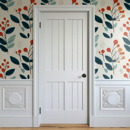 Berry Sprig mural on a hallway wall beside a white door
