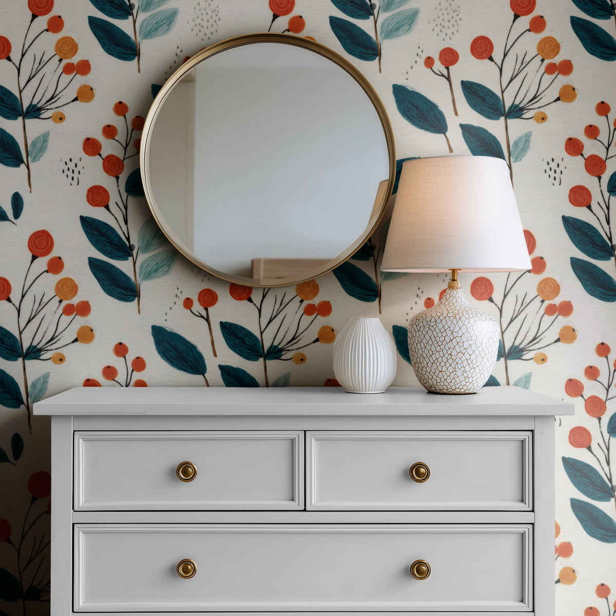 Berry Sprig mural behind a round mirror and white dresser