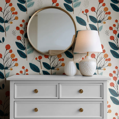 Berry Sprig mural behind a round mirror and white dresser