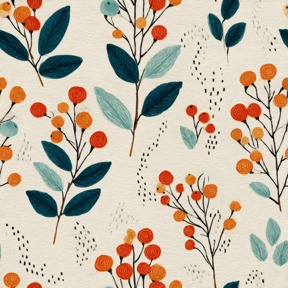 Loose sprigs of orange and red berries with navy and sage leaves and small ink dots on an off-white ground.