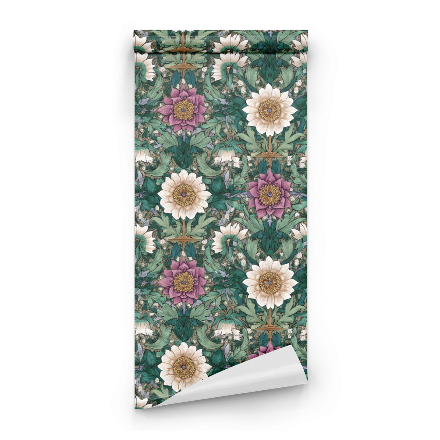 Green Floral Wallpaper roll preview showing the moody floral drawing in close deep green dark botanical detail
