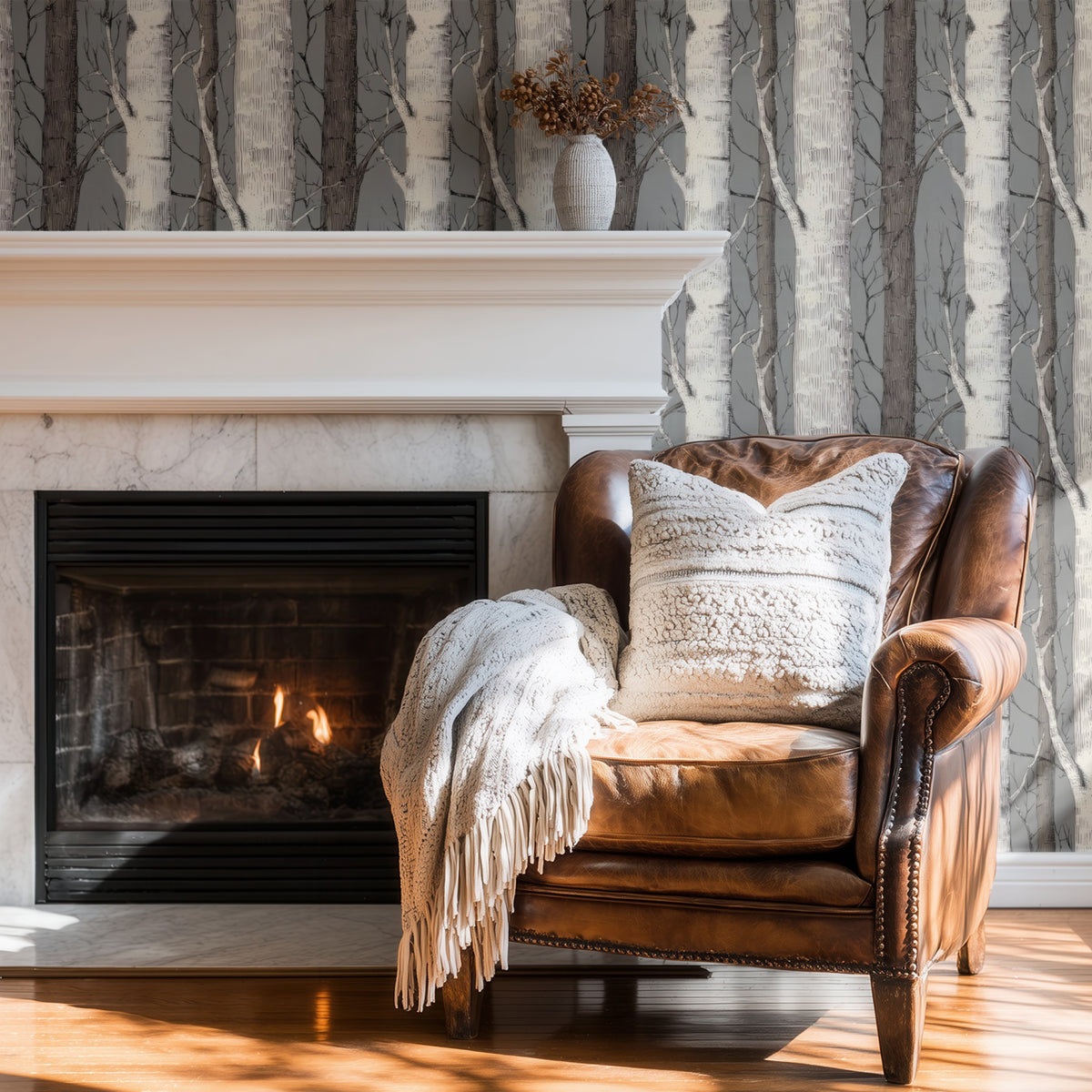 Birch Grove large scale wallpaper in a styled room