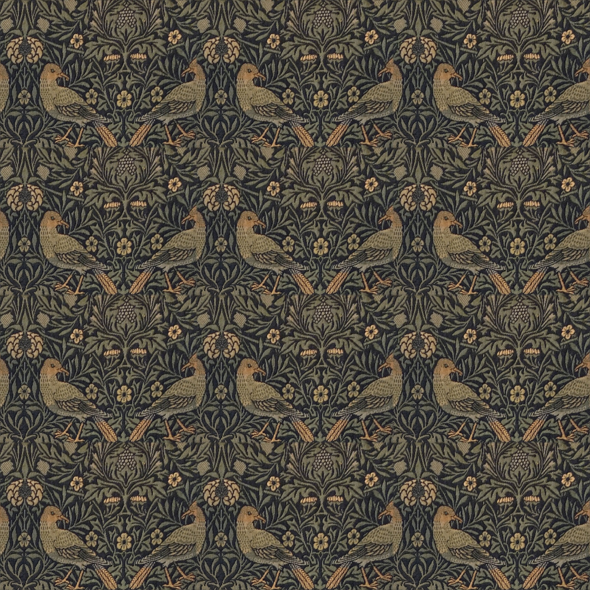 Pairs of golden birds among small flowers and leaves on a deep charcoal ground, a William Morris design.