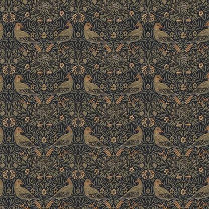 Pairs of golden birds among small flowers and leaves on a deep charcoal ground, a William Morris design.