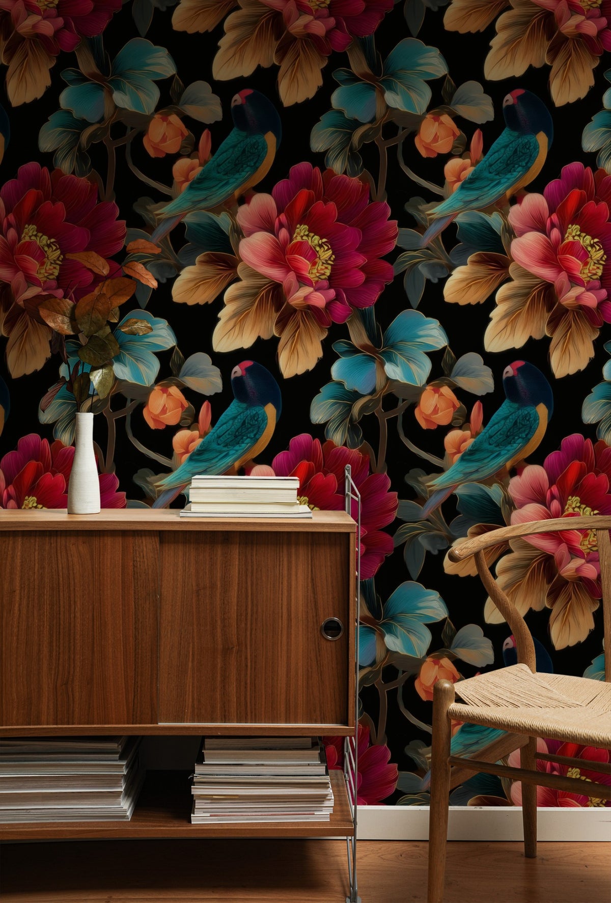Black Parrot large scale wallpaper in a styled room
