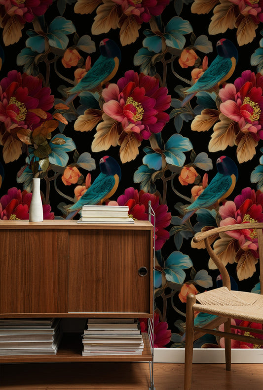 Black Parrot large scale wallpaper in a styled room
