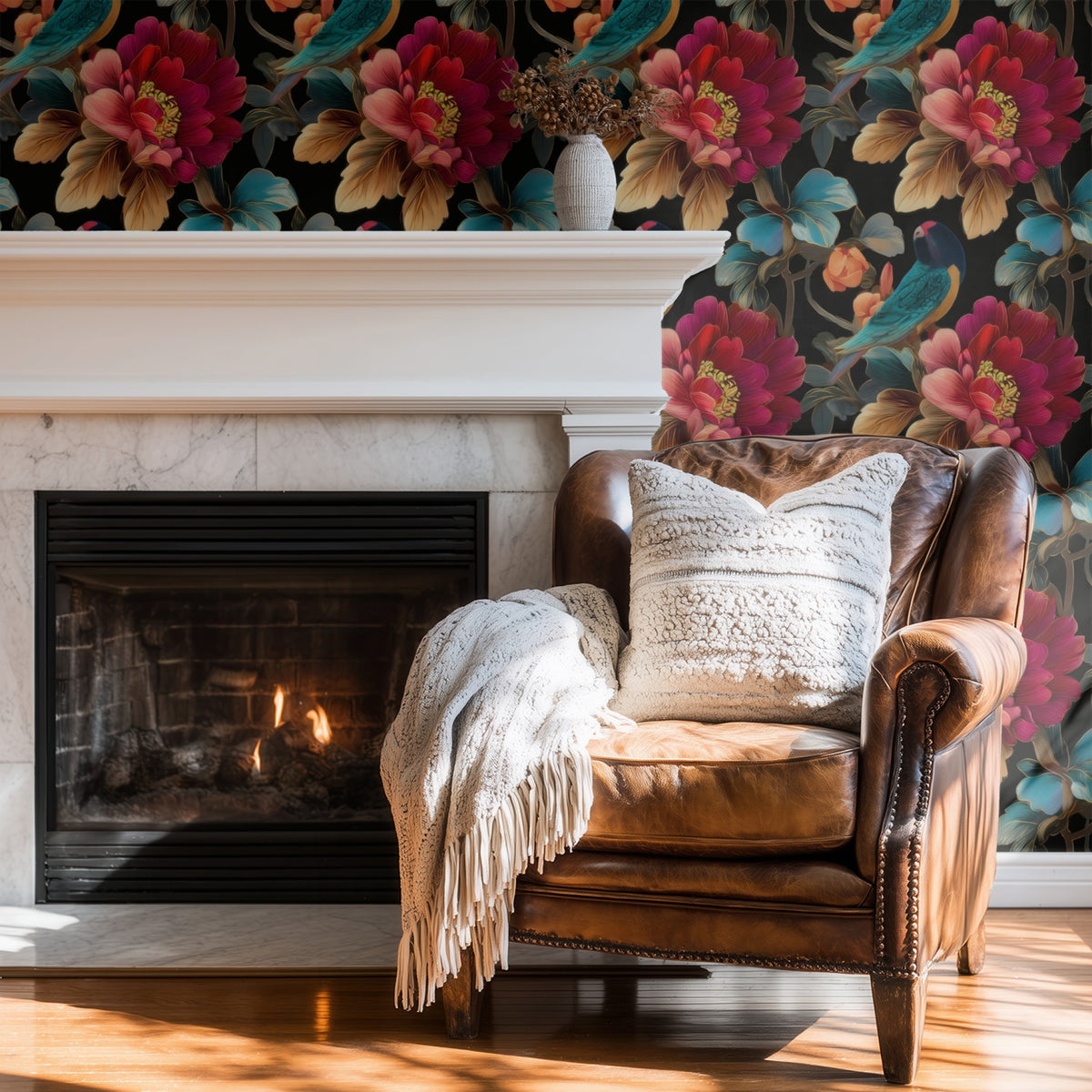 Black Parrot large scale wallpaper in a styled room