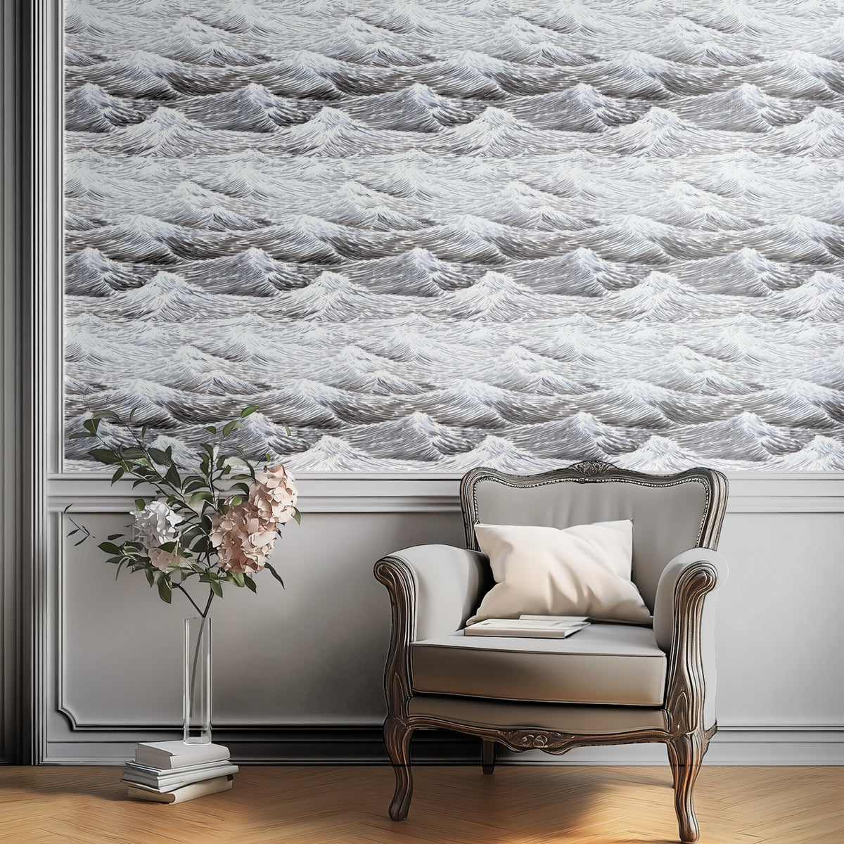 Black Wave large scale wallpaper in a styled room