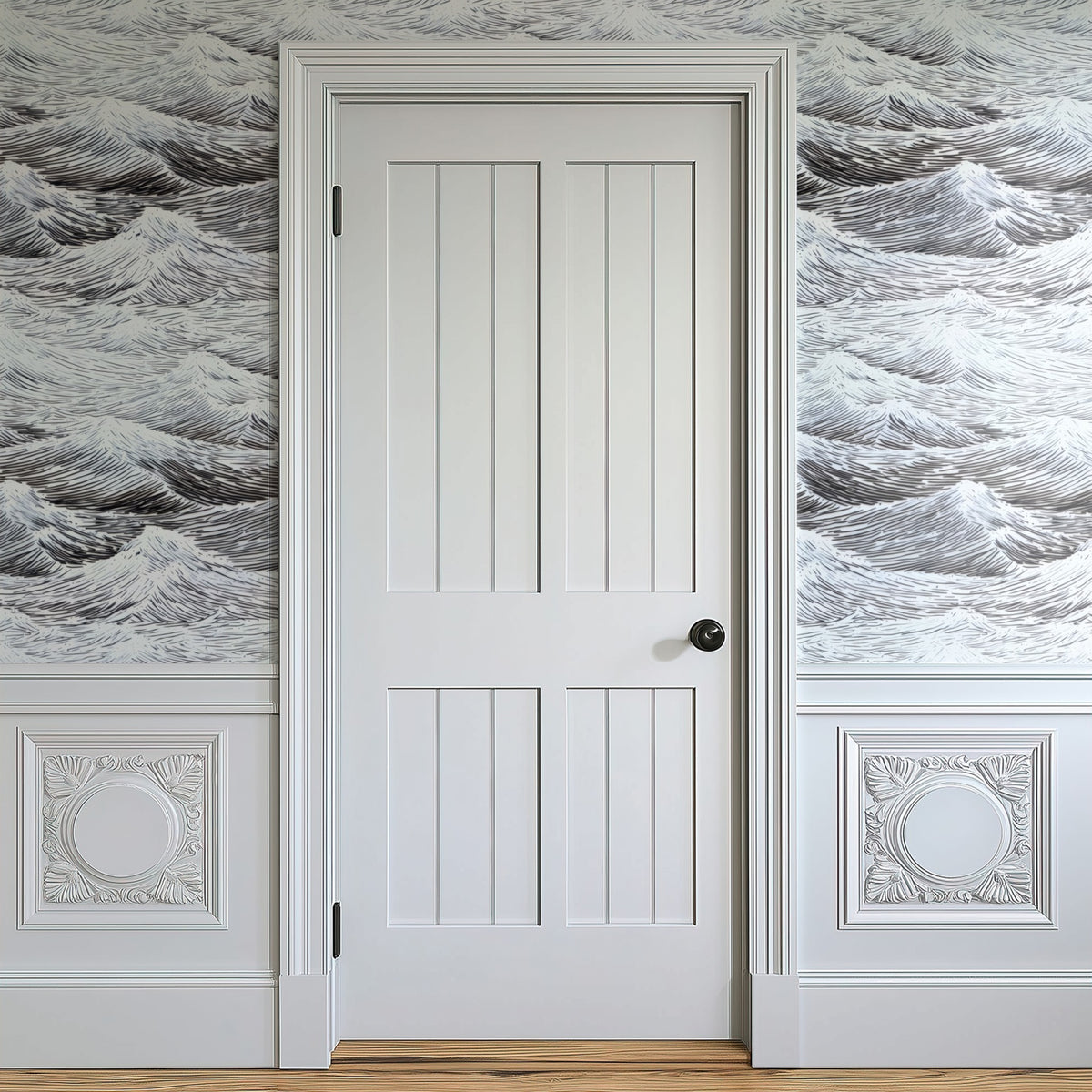Black Wave large scale wallpaper in a styled room