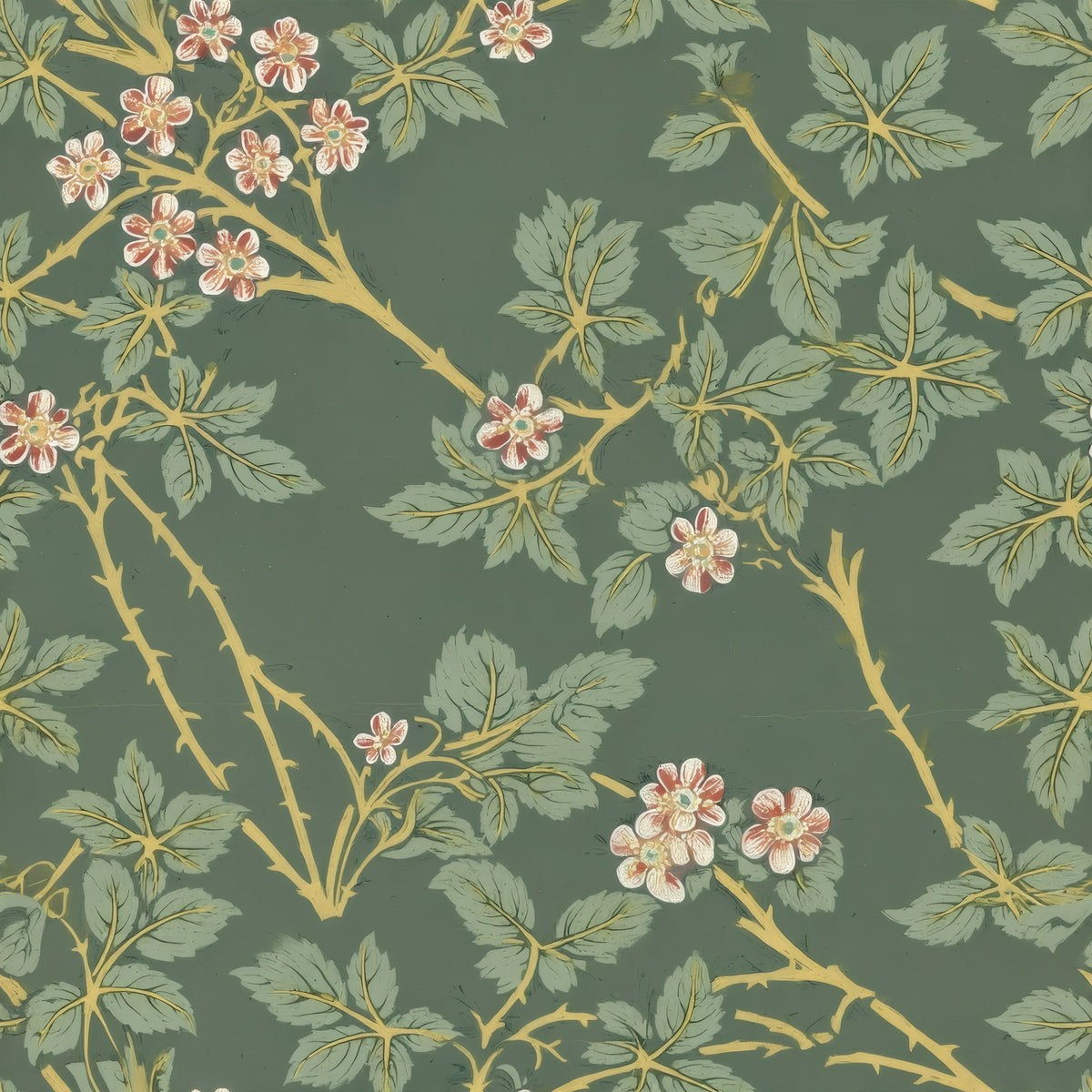 Golden bramble stems with pink-and-white blossoms and green leaves on a sage ground, a William Morris design.