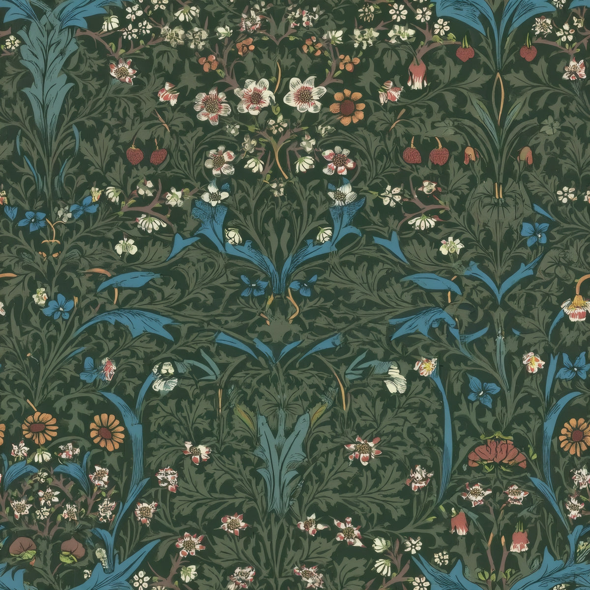 Dense tiny white, red and blue flowers among tall blue-green leaves on a deep green ground, a William Morris design.