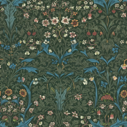 Dense tiny white, red and blue flowers among tall blue-green leaves on a deep green ground, a William Morris design.