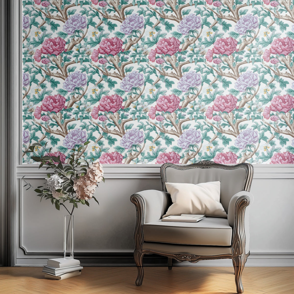 Blossom Bough large scale wallpaper in a styled room
