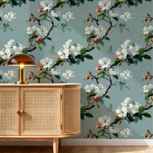 Blossom Branch large scale wallpaper in a styled room