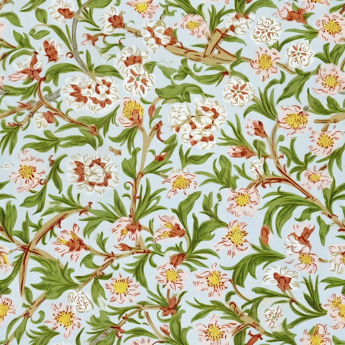 Branches of small pink and white blossom with green leaves scatter over a pale sky-blue ground, a William Morris design.