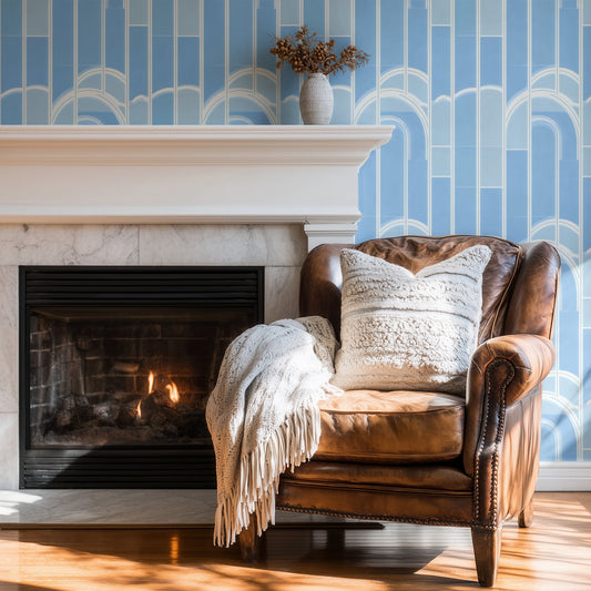 Blue Arches large scale wallpaper in a styled room