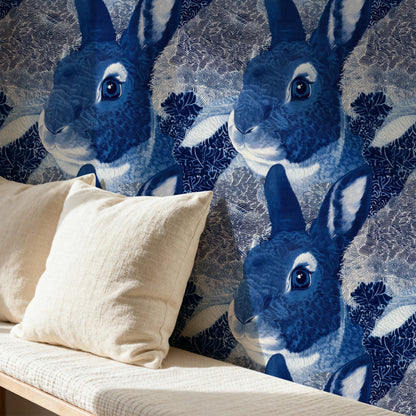 Blue Rabbit large scale wallpaper in a styled room
